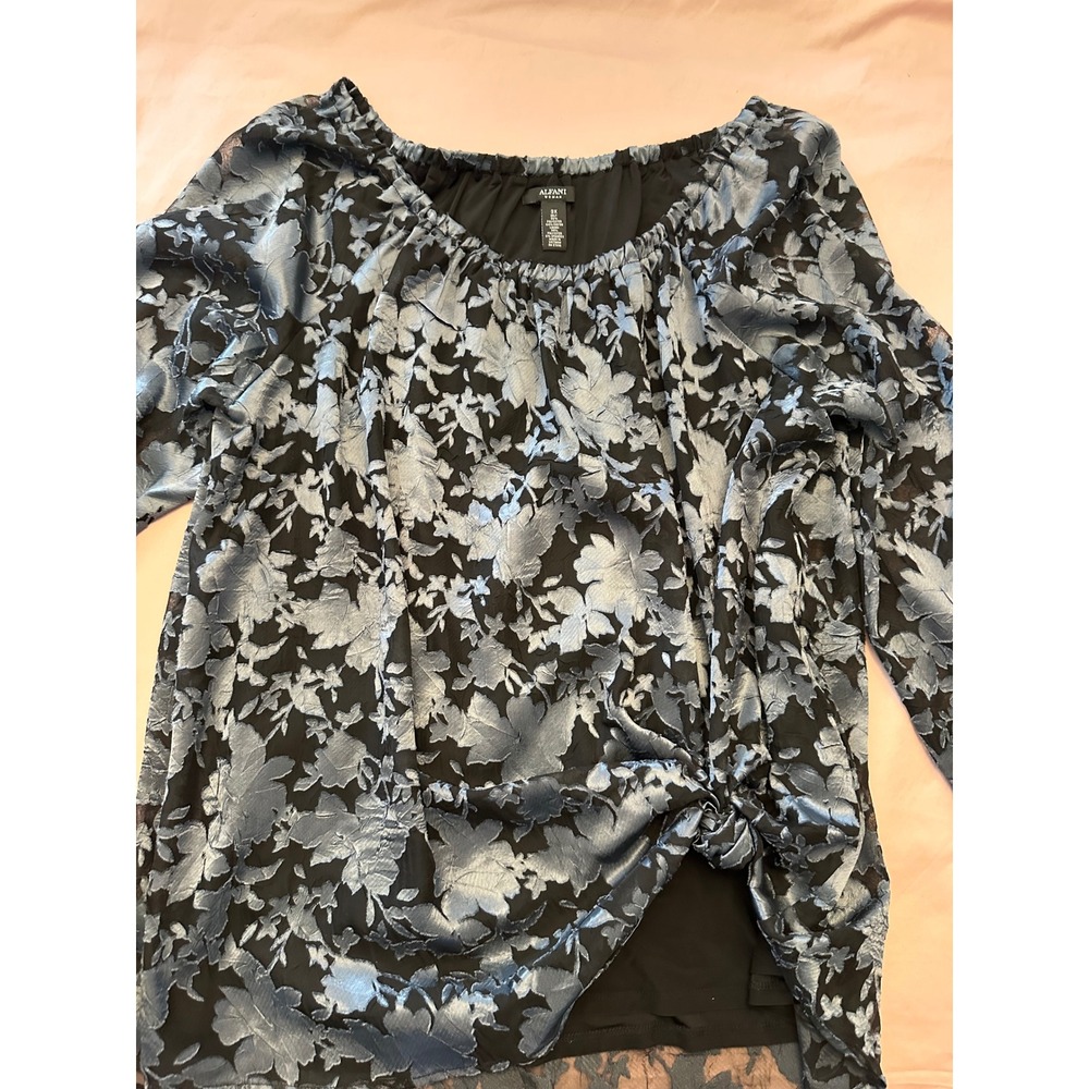 Alfani Woman Metallic Blue Floral Jacquard Blouse Plus Size 3X Lined Scoop Neck